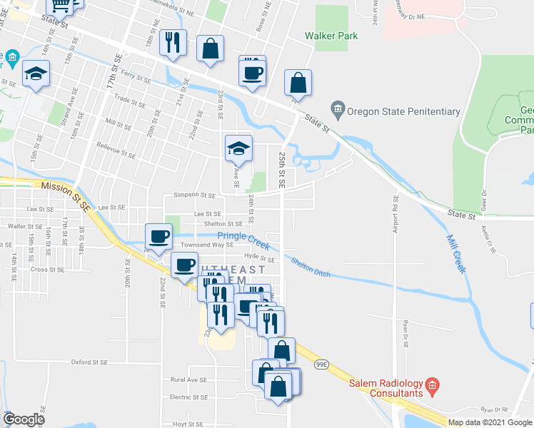 map of restaurants, bars, coffee shops, grocery stores, and more near 2430 Lee Street in Salem