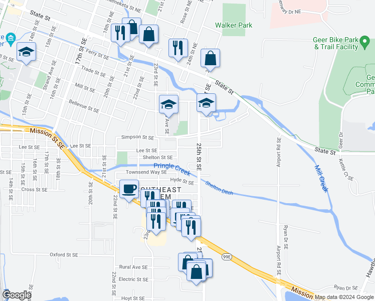 map of restaurants, bars, coffee shops, grocery stores, and more near 2430 Lee Street in Salem