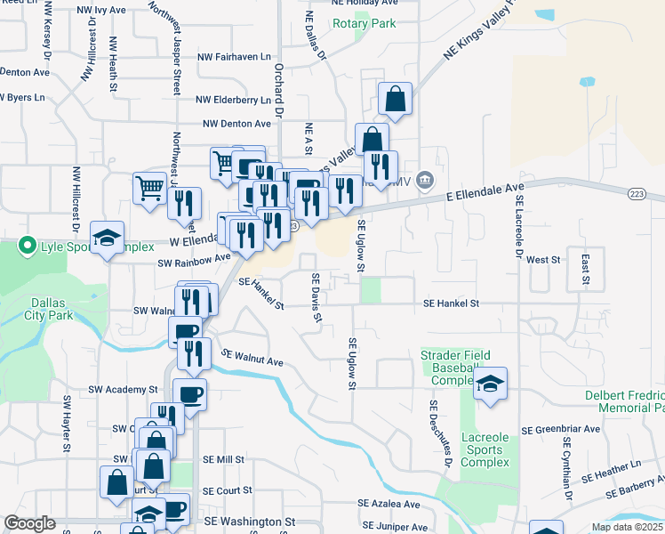 map of restaurants, bars, coffee shops, grocery stores, and more near 316 Southeast Davis Street in Dallas