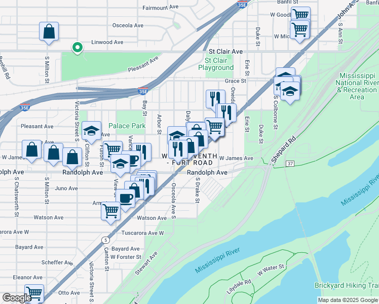 map of restaurants, bars, coffee shops, grocery stores, and more near 420 Daly Street in Saint Paul