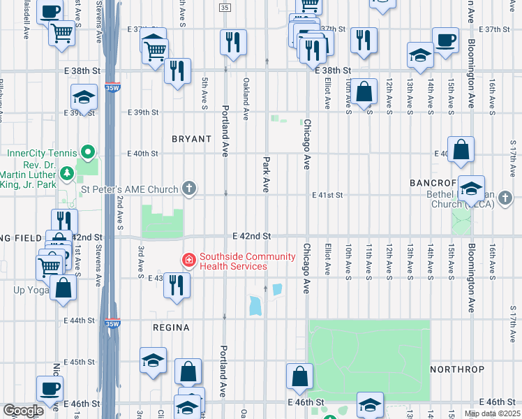 map of restaurants, bars, coffee shops, grocery stores, and more near 4120 Park Avenue in Minneapolis