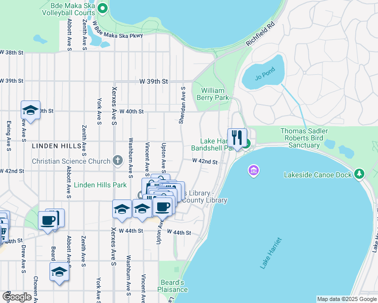 map of restaurants, bars, coffee shops, grocery stores, and more near 4118 Linden Hills Boulevard in Minneapolis