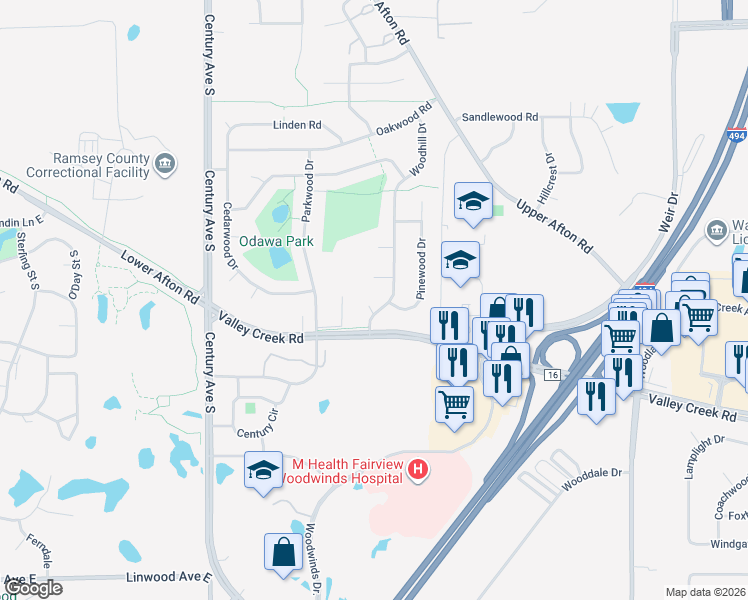 map of restaurants, bars, coffee shops, grocery stores, and more near 1464 Woodhill Drive in Woodbury