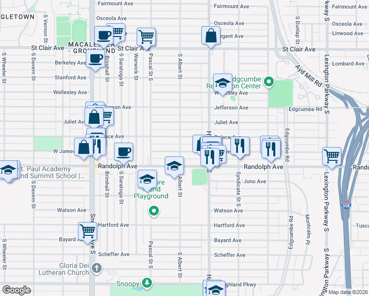 map of restaurants, bars, coffee shops, grocery stores, and more near 1393 West James Avenue in Saint Paul