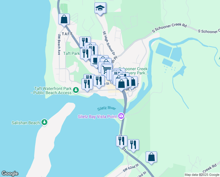 map of restaurants, bars, coffee shops, grocery stores, and more near 1241 Southwest 51st Street in Lincoln City