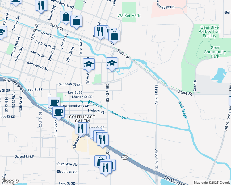 map of restaurants, bars, coffee shops, grocery stores, and more near 2582 Lee Street in Salem