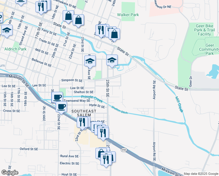 map of restaurants, bars, coffee shops, grocery stores, and more near 722 25th Street Southeast in Salem