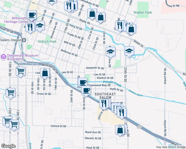 map of restaurants, bars, coffee shops, grocery stores, and more near 2241 Lee Street Southeast in Salem