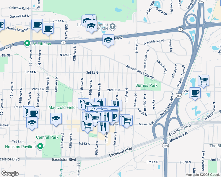 map of restaurants, bars, coffee shops, grocery stores, and more near 201 8th Avenue North in Hopkins