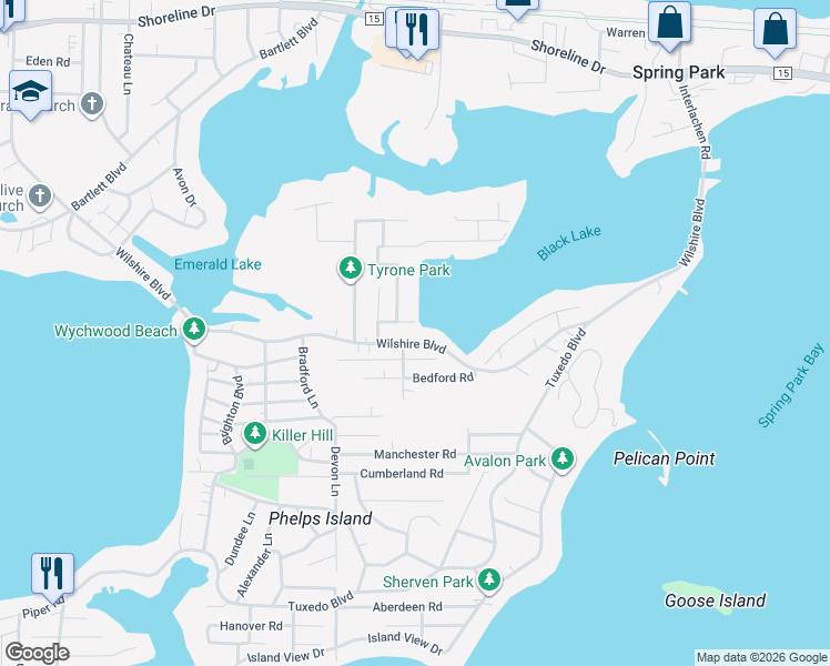 map of restaurants, bars, coffee shops, grocery stores, and more near 4700 Wilshire Boulevard in Mound