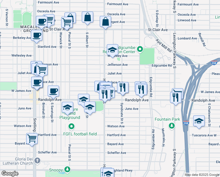 map of restaurants, bars, coffee shops, grocery stores, and more near 1325 West James Avenue in Saint Paul