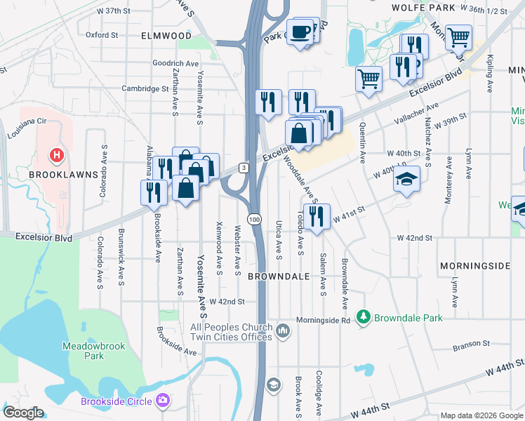 map of restaurants, bars, coffee shops, grocery stores, and more near 4065 Vernon Avenue South in St. Louis Park