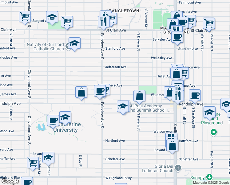 map of restaurants, bars, coffee shops, grocery stores, and more near 1779 West James Avenue in Saint Paul