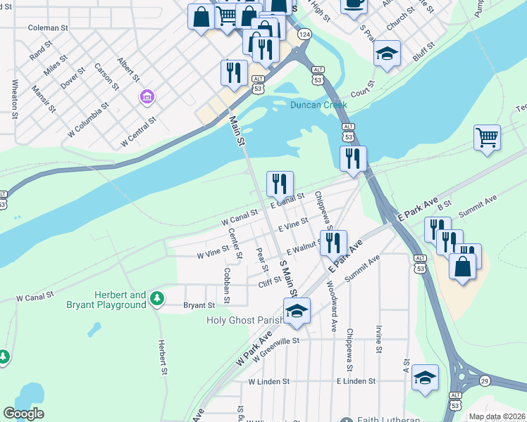 map of restaurants, bars, coffee shops, grocery stores, and more near 5 East Canal Street in Chippewa Falls