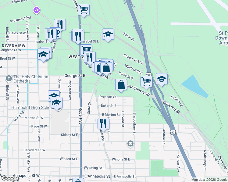 map of restaurants, bars, coffee shops, grocery stores, and more near 215 Mount Hope Drive in Saint Paul