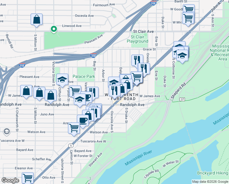 map of restaurants, bars, coffee shops, grocery stores, and more near 426 Osceola Avenue in Saint Paul