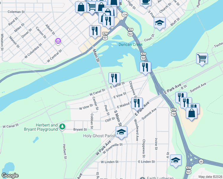 map of restaurants, bars, coffee shops, grocery stores, and more near 5 East Canal Street in Chippewa Falls