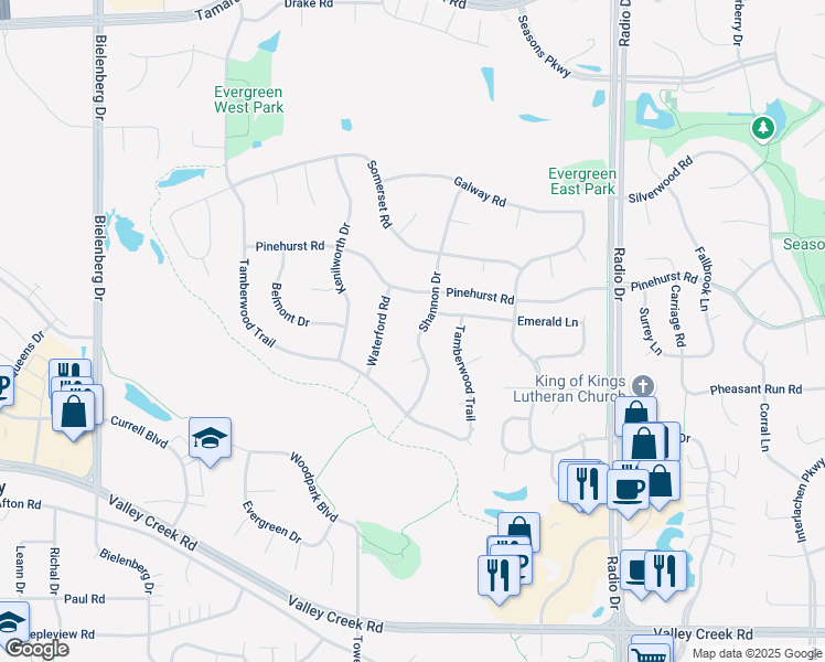 map of restaurants, bars, coffee shops, grocery stores, and more near 1435 Shannon Drive in Woodbury