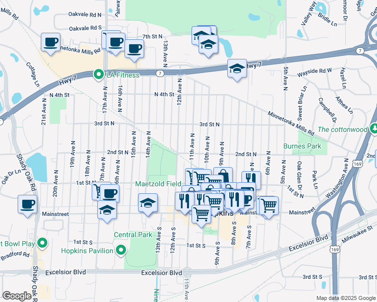 map of restaurants, bars, coffee shops, grocery stores, and more near 200 11th Avenue North in Hopkins
