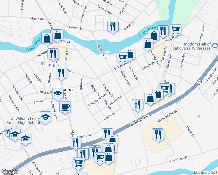map of restaurants, bars, coffee shops, grocery stores, and more near 23 Douglas Road in Massena