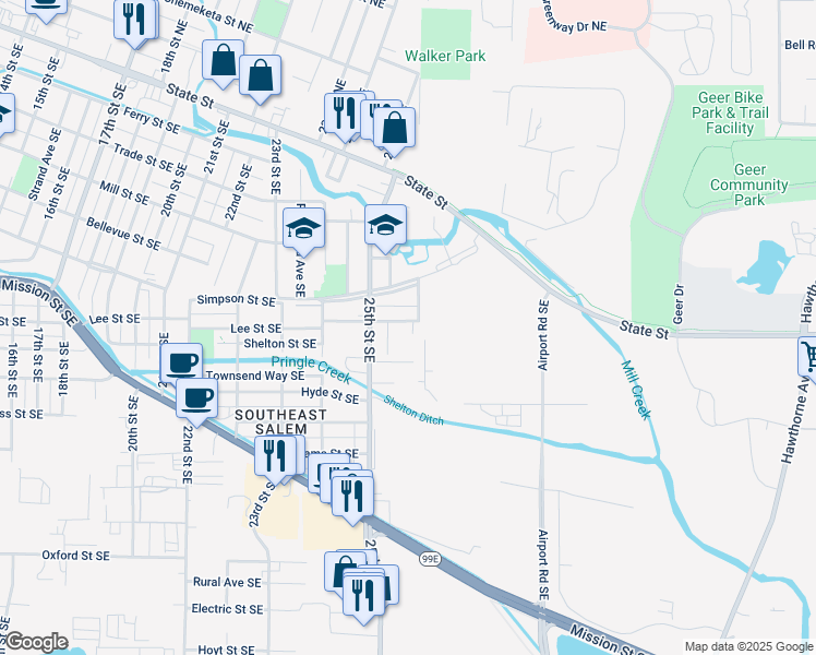map of restaurants, bars, coffee shops, grocery stores, and more near 2582 Lee Street in Salem