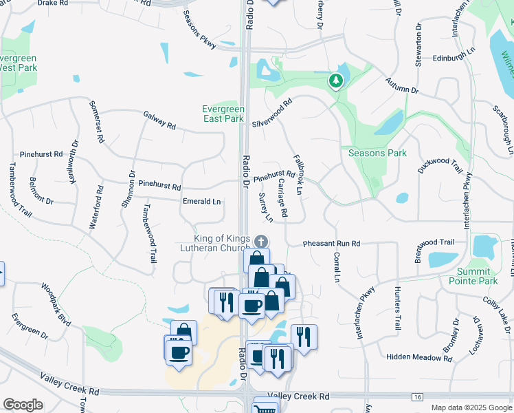 map of restaurants, bars, coffee shops, grocery stores, and more near 1412 Surrey Lane in Woodbury