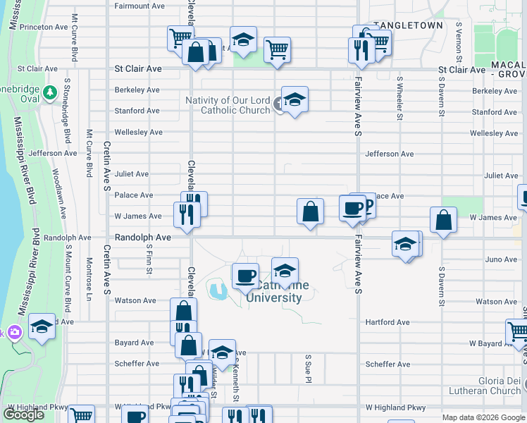 map of restaurants, bars, coffee shops, grocery stores, and more near 1949 West James Avenue in Saint Paul