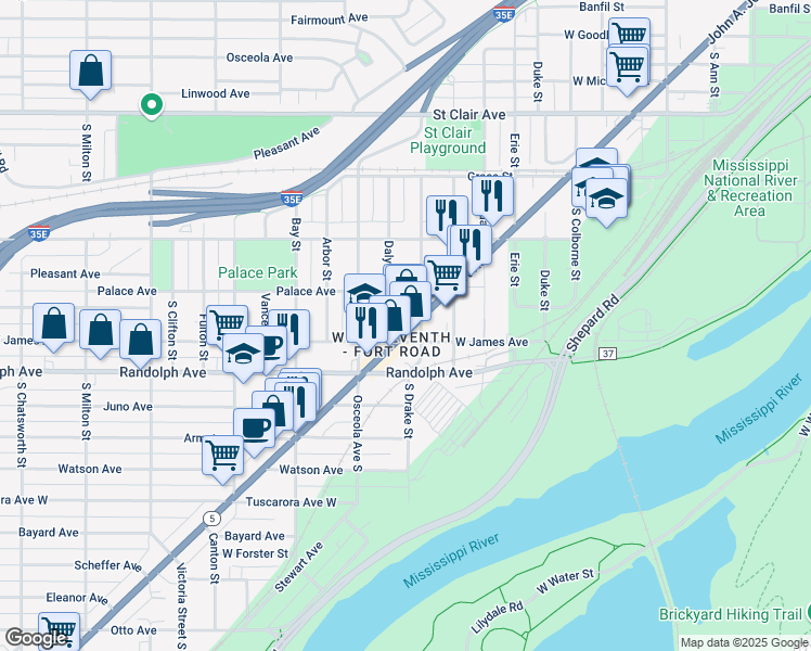 map of restaurants, bars, coffee shops, grocery stores, and more near 940 7th Street West in Saint Paul