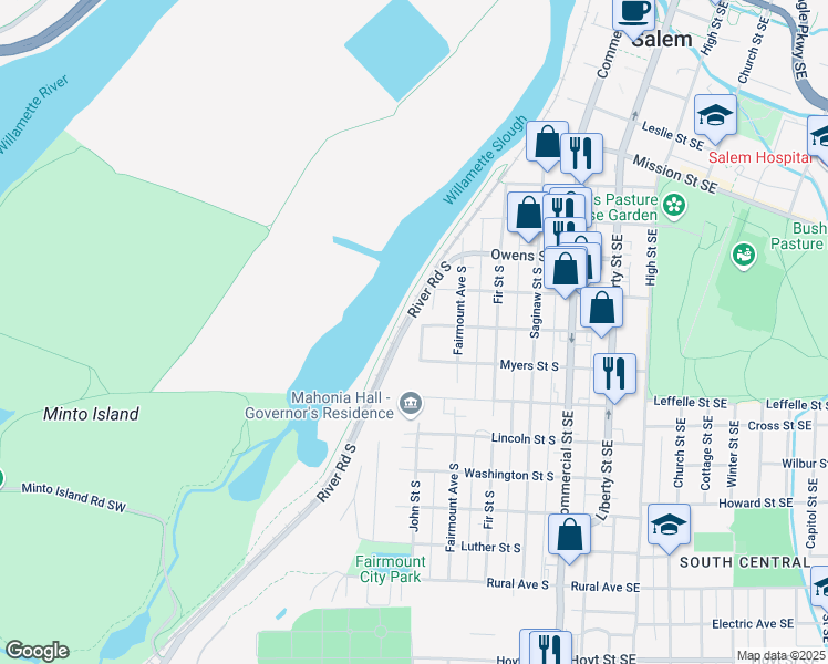 map of restaurants, bars, coffee shops, grocery stores, and more near 1305 John Street South in Salem