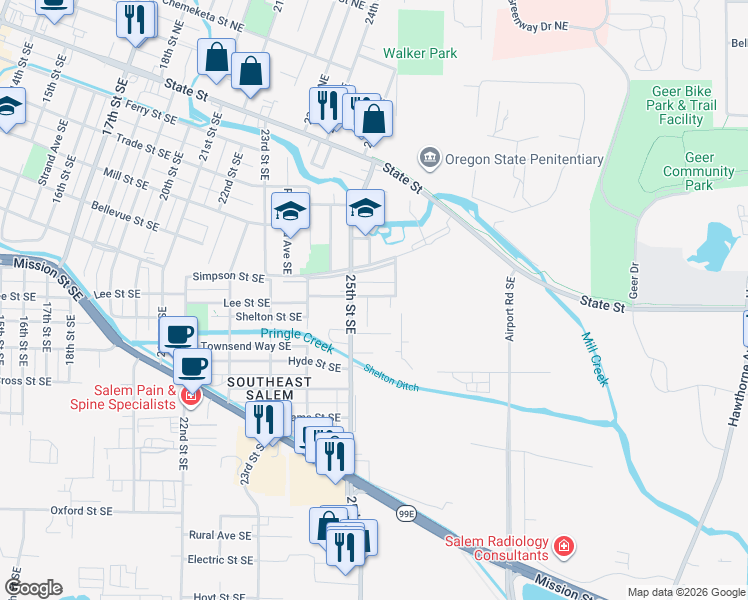 map of restaurants, bars, coffee shops, grocery stores, and more near 2582 Lee Street in Salem