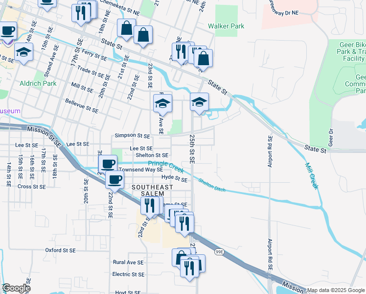 map of restaurants, bars, coffee shops, grocery stores, and more near 2430 Lee Street in Salem