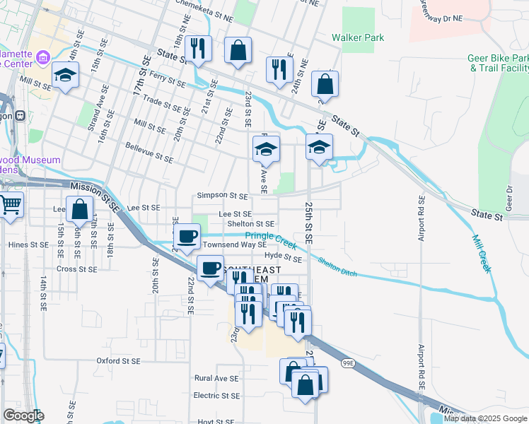 map of restaurants, bars, coffee shops, grocery stores, and more near 2340 Lee Street in Salem