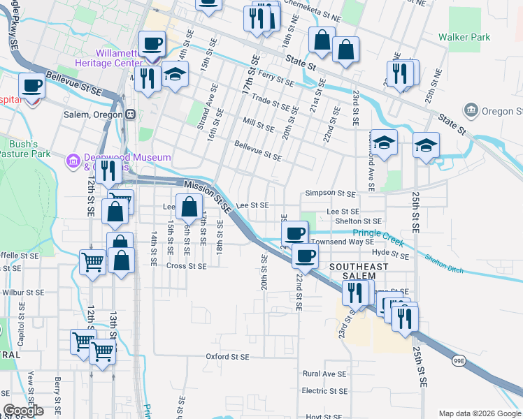 map of restaurants, bars, coffee shops, grocery stores, and more near 860 20th Street Southeast in Salem