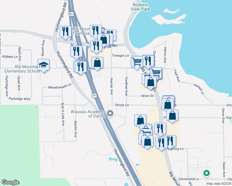 map of restaurants, bars, coffee shops, grocery stores, and more near 227005 Harrier Avenue in Wausau