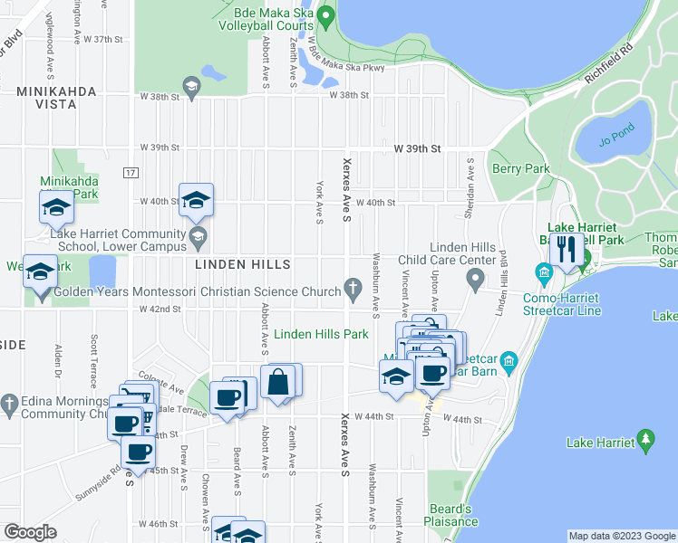 map of restaurants, bars, coffee shops, grocery stores, and more near 4119 York Avenue South in Minneapolis