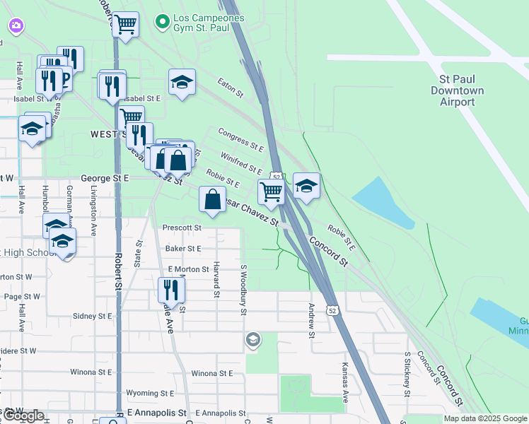 map of restaurants, bars, coffee shops, grocery stores, and more near 319 Cesar Chavez Street in Saint Paul