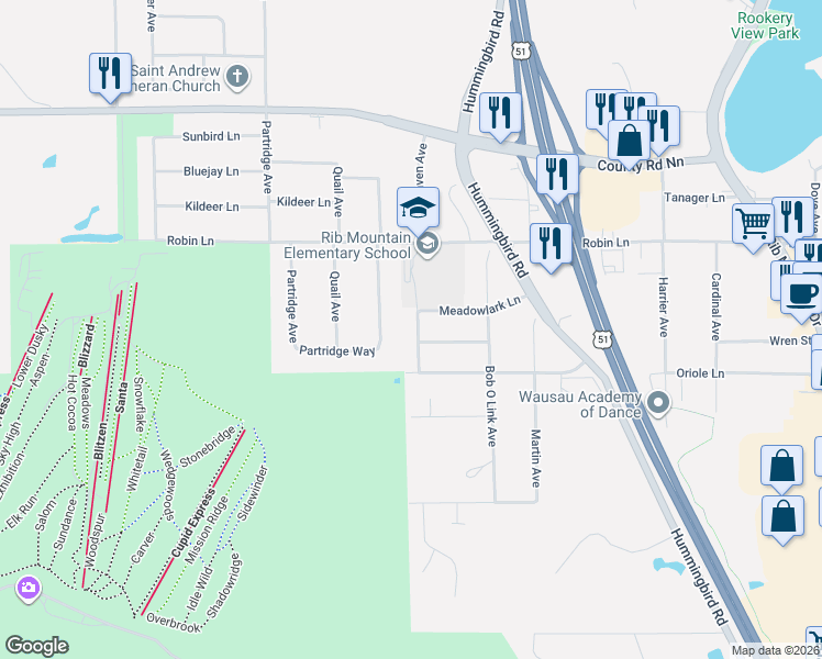 map of restaurants, bars, coffee shops, grocery stores, and more near 3106 Raven Avenue in Wausau