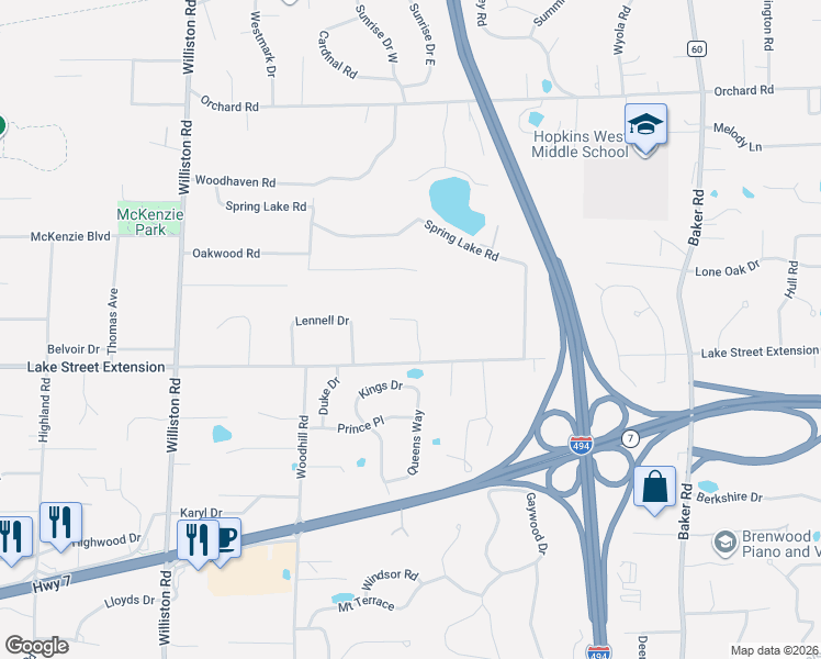 map of restaurants, bars, coffee shops, grocery stores, and more near 14100 Lake Street Extension in Minnetonka