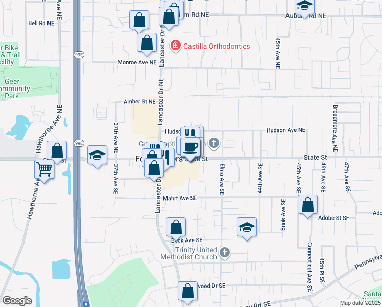 map of restaurants, bars, coffee shops, grocery stores, and more near 4095 State Street in Salem