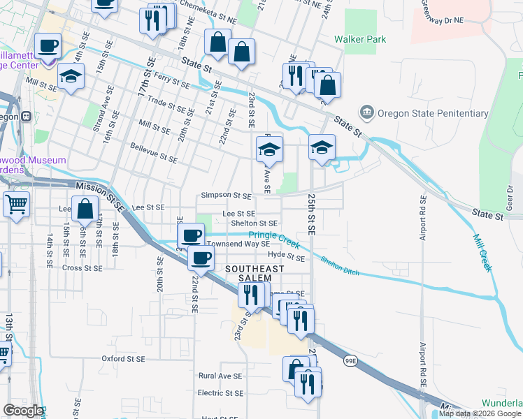 map of restaurants, bars, coffee shops, grocery stores, and more near 2323 Lee Street Southeast in Salem