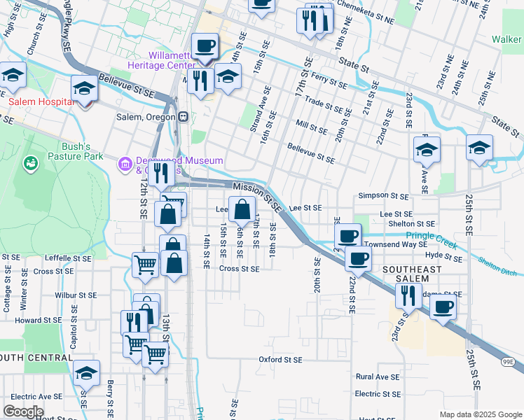 map of restaurants, bars, coffee shops, grocery stores, and more near 1690 Lee Street Southeast in Salem