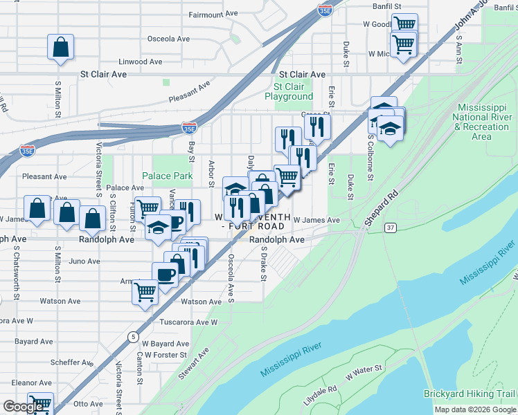 map of restaurants, bars, coffee shops, grocery stores, and more near 940 7th Street West in Saint Paul