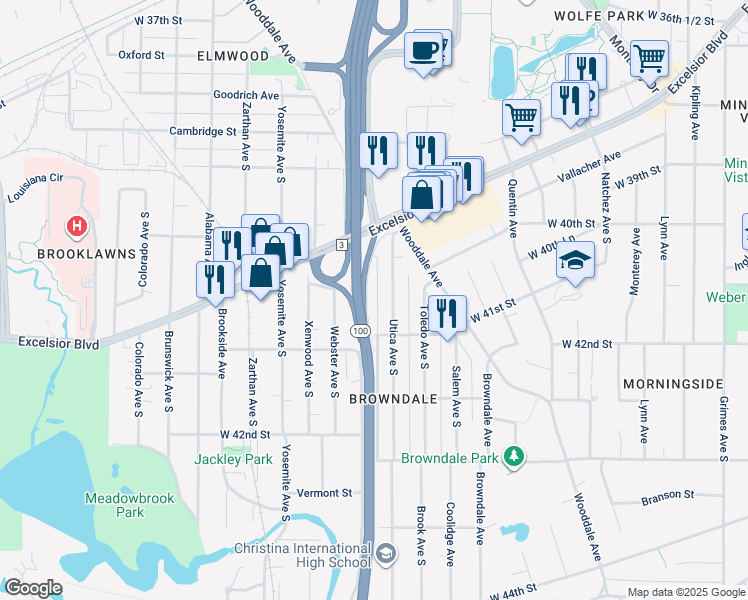 map of restaurants, bars, coffee shops, grocery stores, and more near 4065 Vernon Avenue South in St. Louis Park