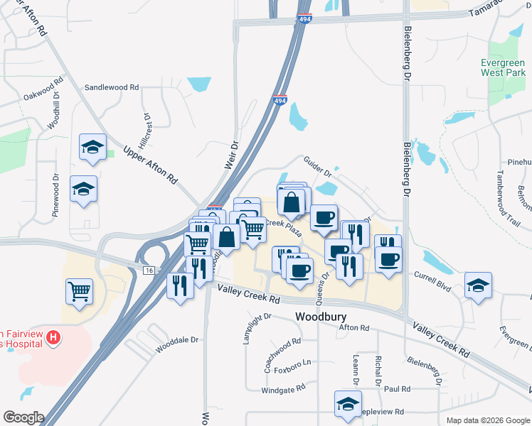 map of restaurants, bars, coffee shops, grocery stores, and more near 7100 Valley Creek Plaza in Woodbury