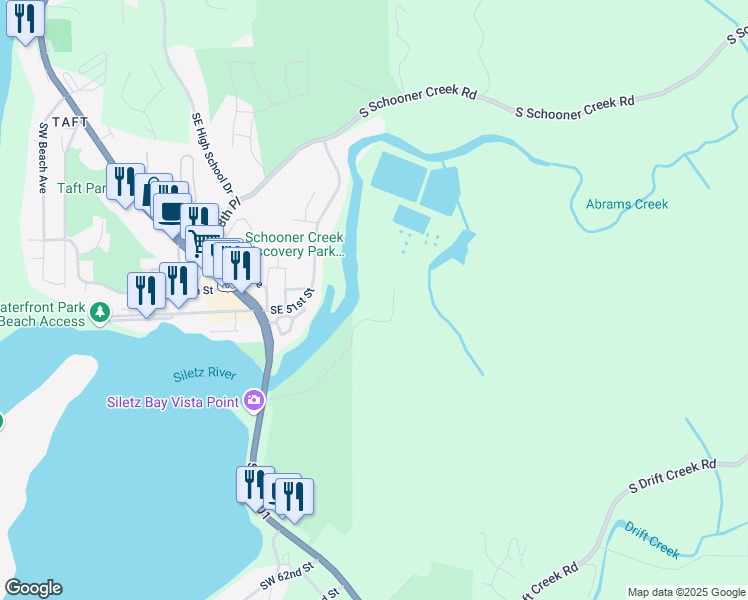 map of restaurants, bars, coffee shops, grocery stores, and more near Southeast 54th Drive in Lincoln City