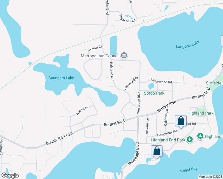 map of restaurants, bars, coffee shops, grocery stores, and more near 6375 Acorn Road in Mound
