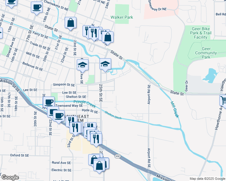 map of restaurants, bars, coffee shops, grocery stores, and more near 2430 Lee Street in Salem