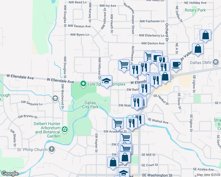 map of restaurants, bars, coffee shops, grocery stores, and more near 185 Southwest Levens Street in Dallas