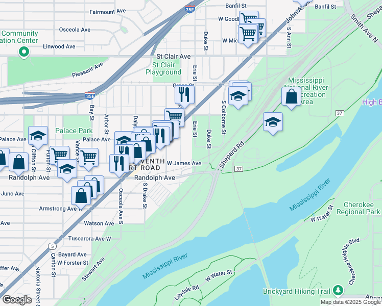map of restaurants, bars, coffee shops, grocery stores, and more near 543 West James Avenue in Saint Paul