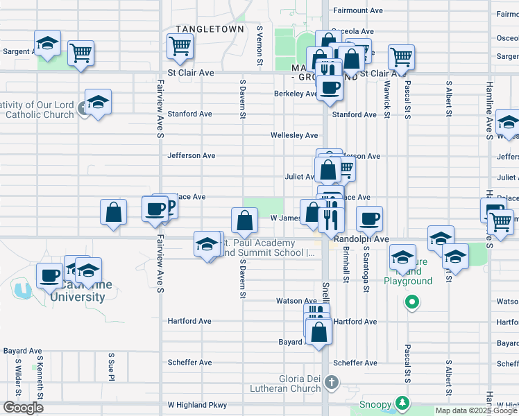 map of restaurants, bars, coffee shops, grocery stores, and more near 451 South Macalester Street in Saint Paul